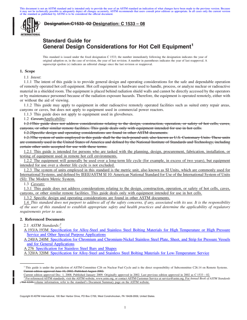 REDLINE ASTM C1533-08 - Standard Guide for General Design Considerations for Hot Cell Equipment