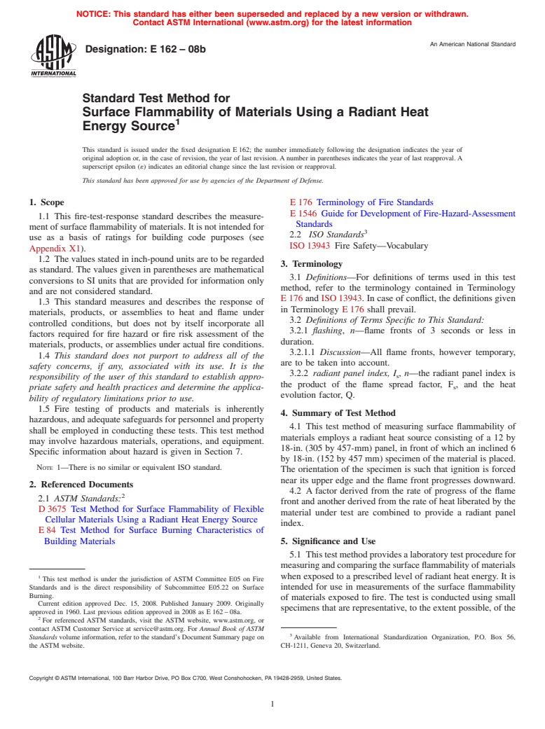 ASTM E162-08b - Standard Test Method for Surface Flammability of Materials Using a Radiant Heat Energy Source