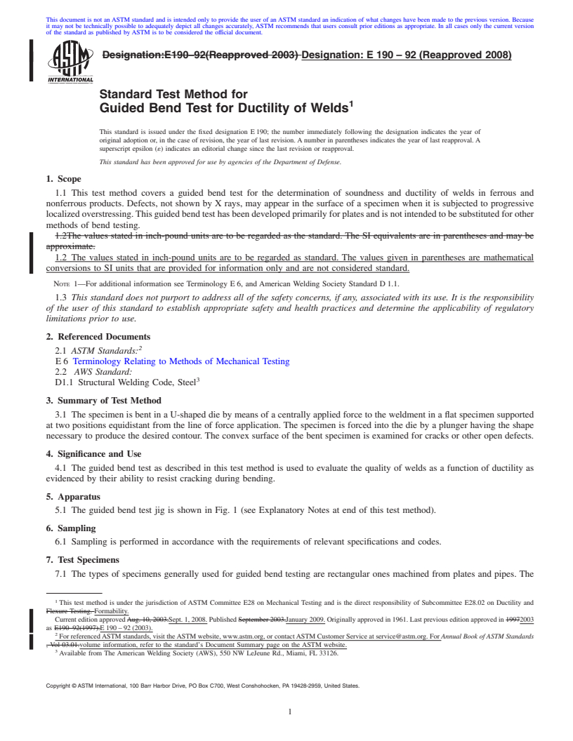 REDLINE ASTM E190-92(2008) - Standard Test Method for Guided Bend Test for Ductility of Welds