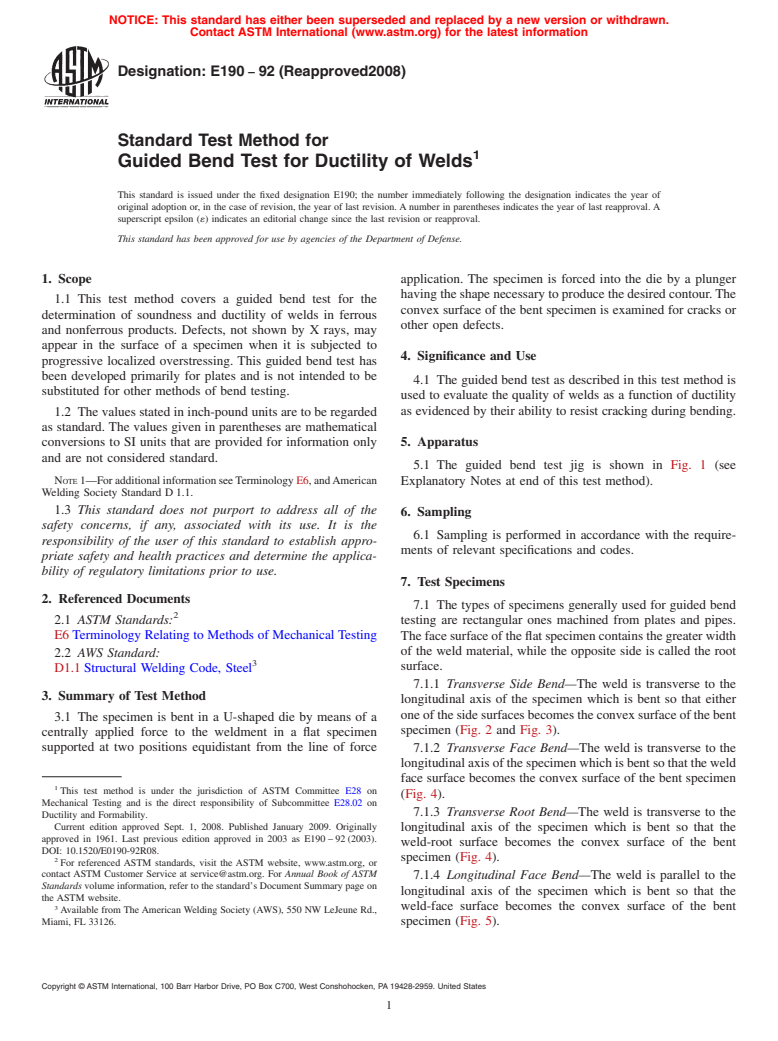 ASTM E190-92(2008) - Standard Test Method for Guided Bend Test for Ductility of Welds