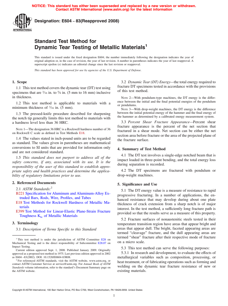 ASTM E604-83(2008) - Standard Test Method for Dynamic Tear Testing of Metallic Materials