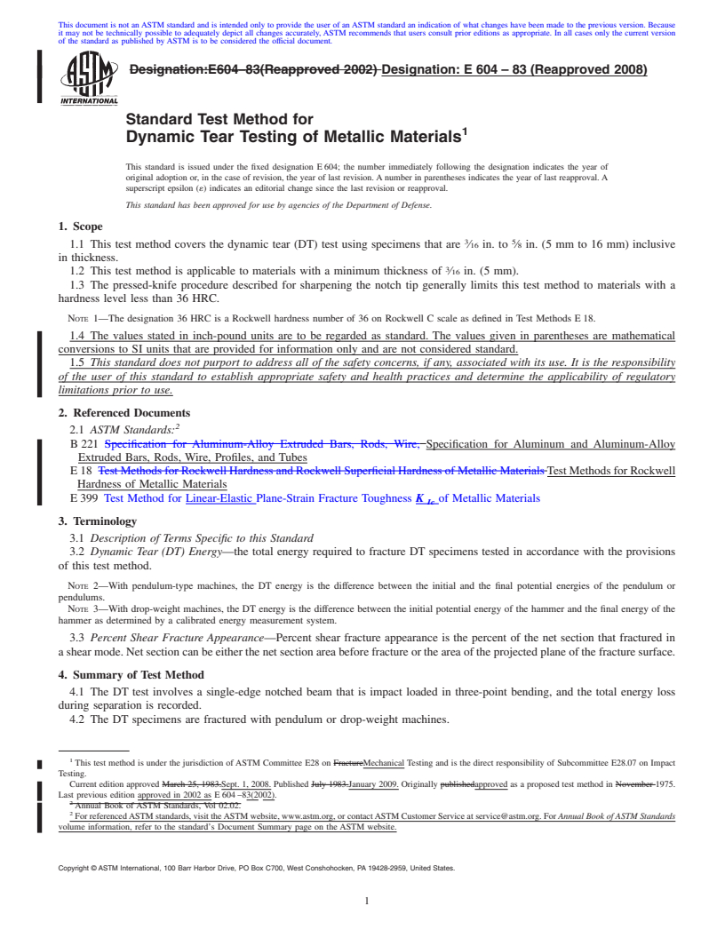 REDLINE ASTM E604-83(2008) - Standard Test Method for Dynamic Tear Testing of Metallic Materials