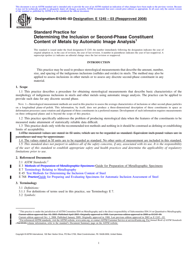 REDLINE ASTM E1245-03(2008) - Standard Practice for Determining the Inclusion or Second-Phase Constituent Content of Metals by Automatic Image Analysis