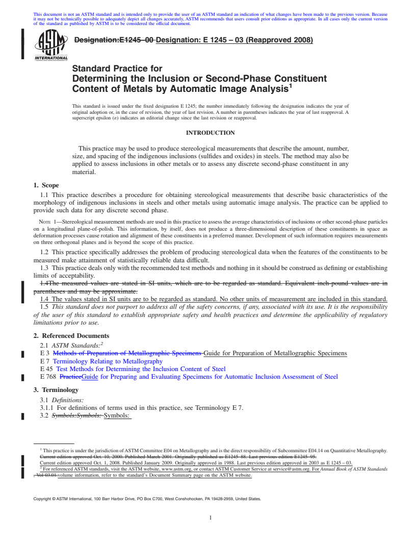 REDLINE ASTM E1245-03(2008) - Standard Practice for Determining the Inclusion or Second-Phase Constituent Content of Metals by Automatic Image Analysis