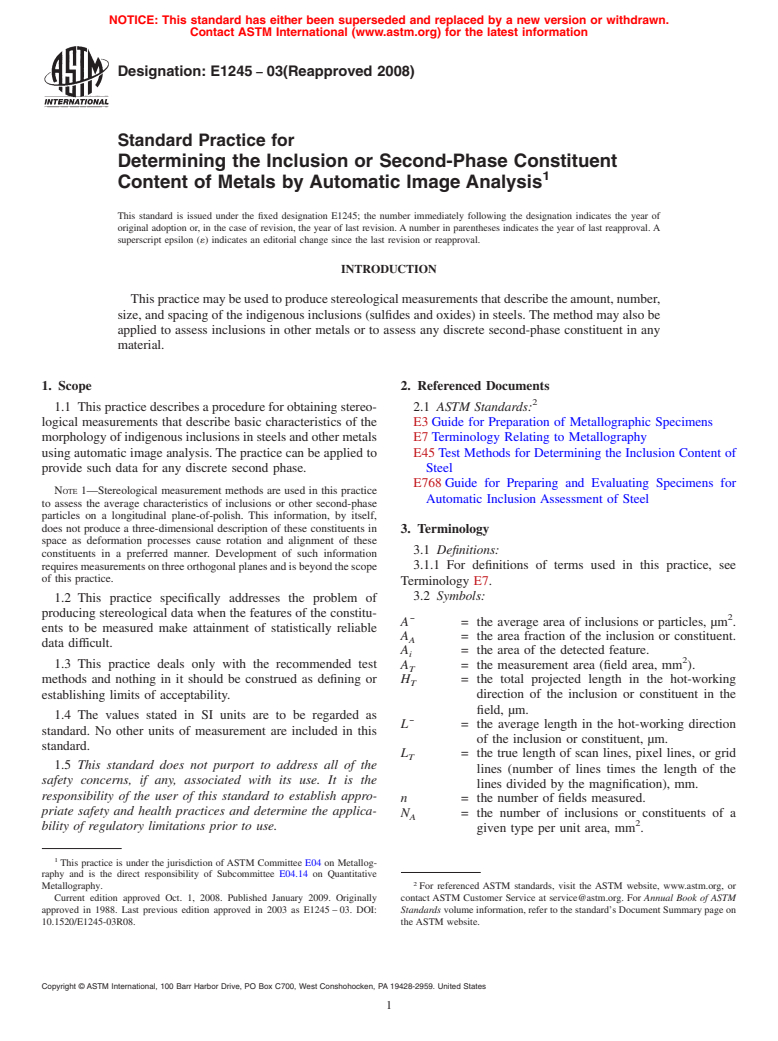 ASTM E1245-03(2008) - Standard Practice for Determining the Inclusion or Second-Phase Constituent Content of Metals by Automatic Image Analysis