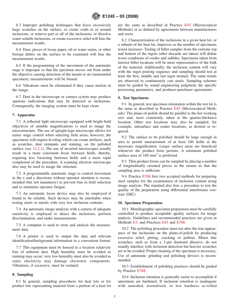 ASTM E1245-03(2008) - Standard Practice for Determining the Inclusion or Second-Phase Constituent Content of Metals by Automatic Image Analysis