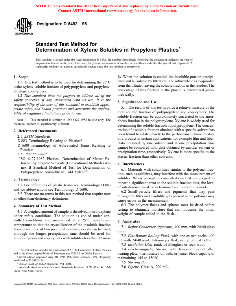 ASTM D5492-98 - Standard Test Method for Determination of Xylene Solubles in Propylene Plastics