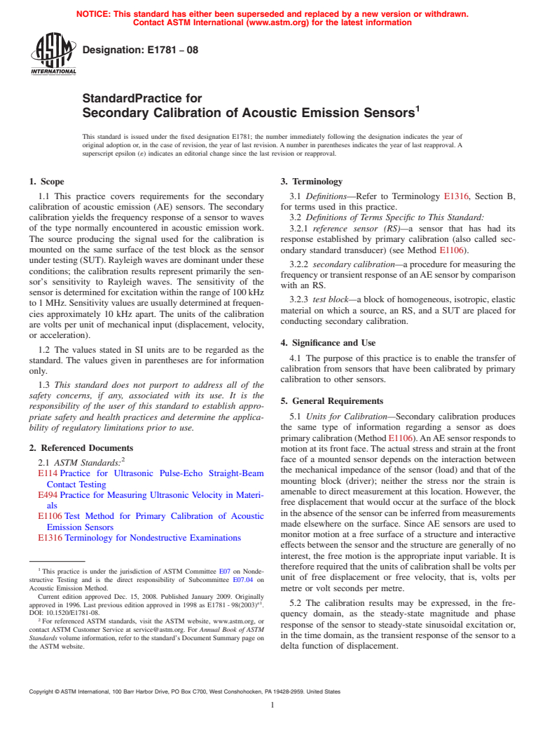 ASTM E1781-08 - Standard Practice for Secondary Calibration of Acoustic Emission Sensors