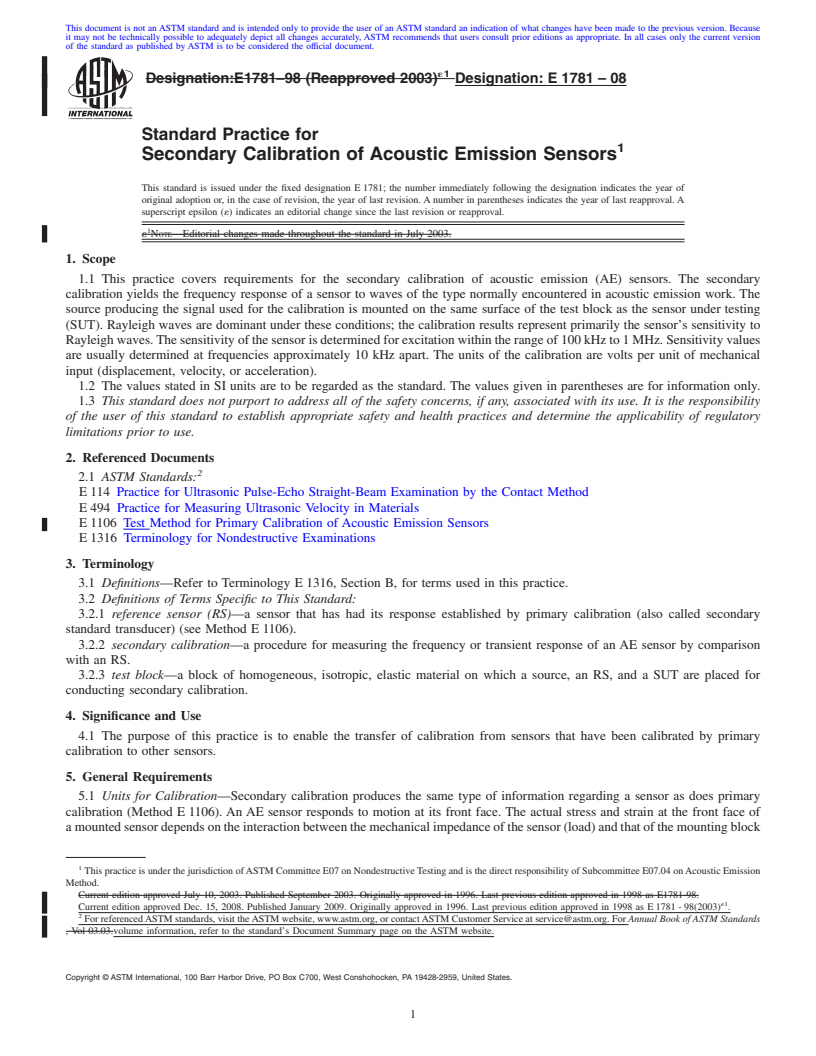 REDLINE ASTM E1781-08 - Standard Practice for Secondary Calibration of Acoustic Emission Sensors
