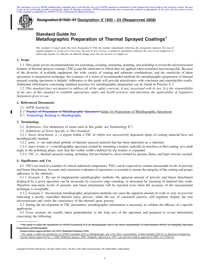 REDLINE ASTM E1920-03(2008) - Standard Guide for Metallographic Preparation of Thermal Sprayed Coatings