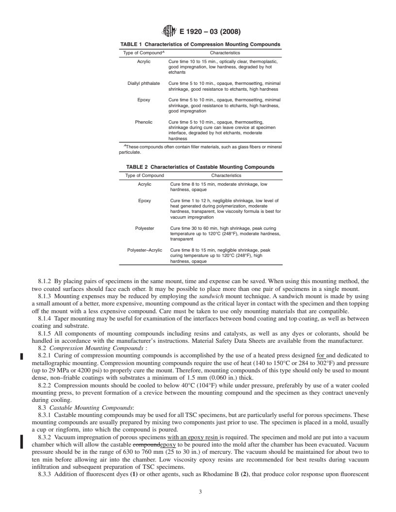 REDLINE ASTM E1920-03(2008) - Standard Guide for Metallographic Preparation of Thermal Sprayed Coatings