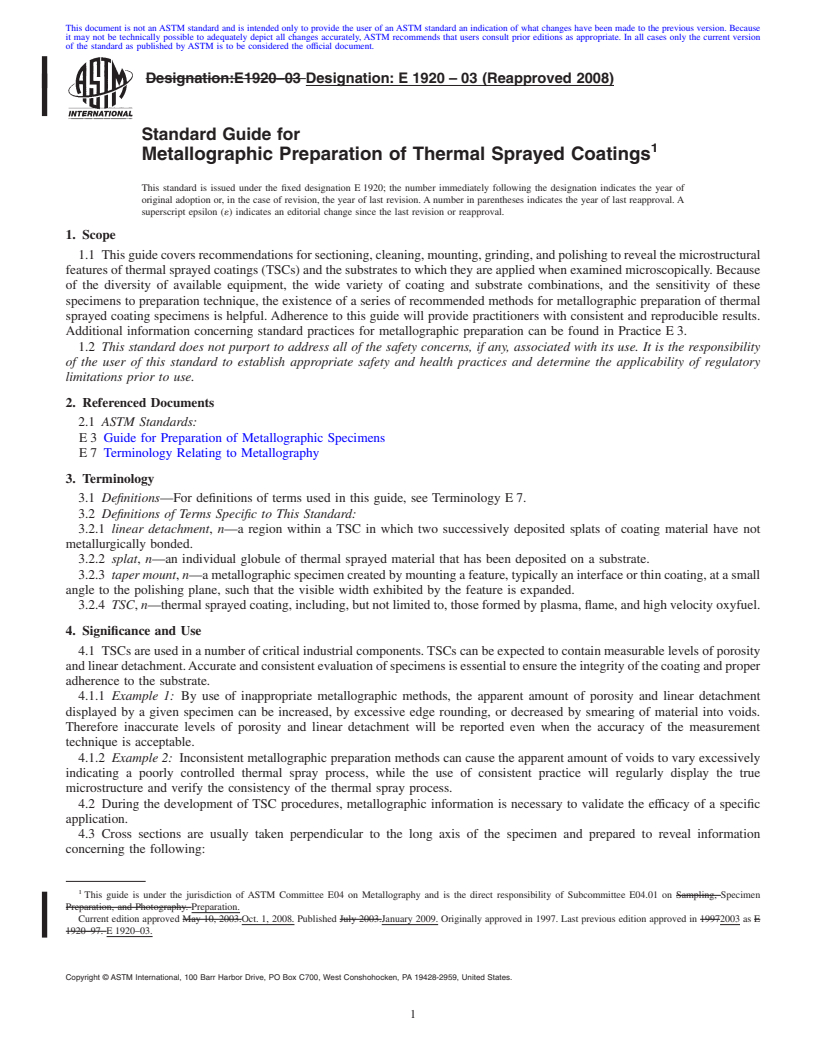 REDLINE ASTM E1920-03(2008) - Standard Guide for Metallographic Preparation of Thermal Sprayed Coatings