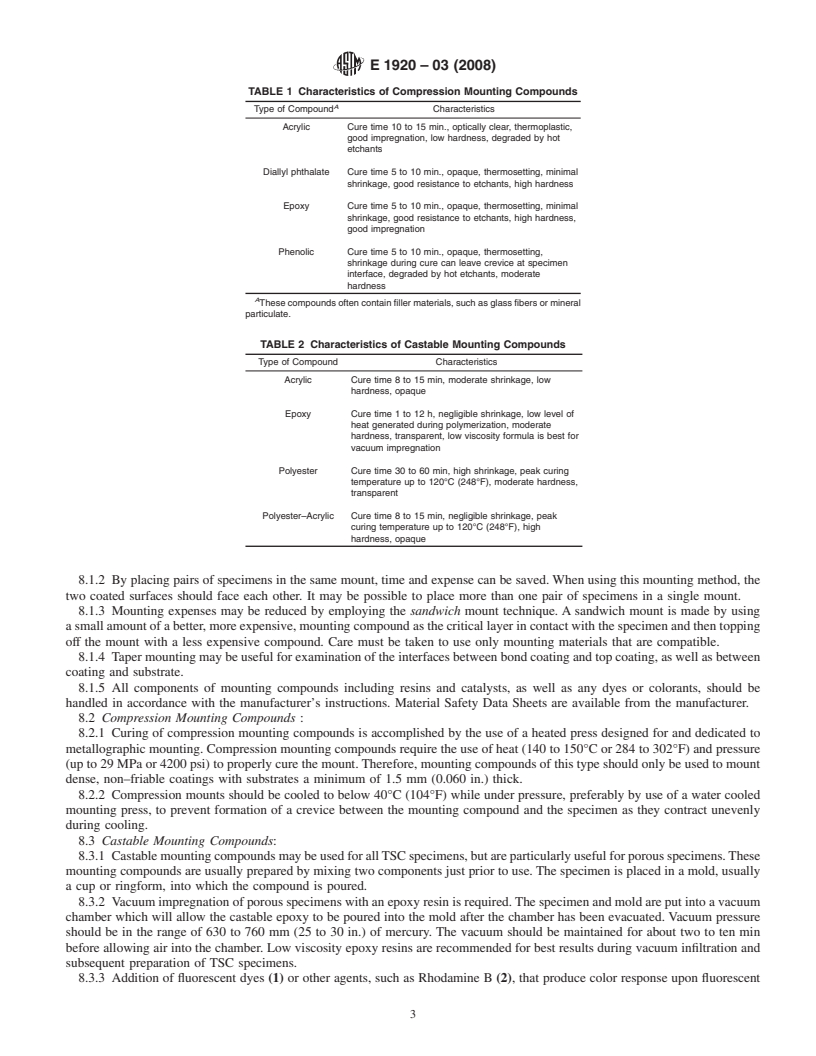 REDLINE ASTM E1920-03(2008) - Standard Guide for Metallographic Preparation of Thermal Sprayed Coatings