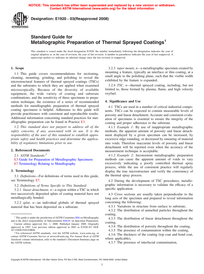 ASTM E1920-03(2008) - Standard Guide for Metallographic Preparation of Thermal Sprayed Coatings