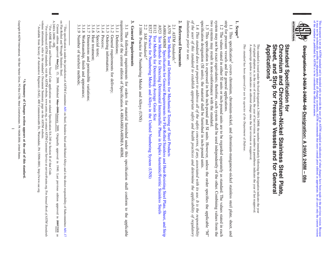 REDLINE ASTM A240/A240M-08a - Standard Specification for Chromium and Chromium-Nickel Stainless Steel Plate, Sheet, and Strip for Pressure Vessels and for General Applications