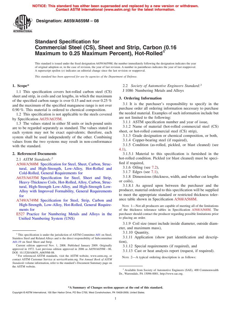 ASTM A659/A659M-08 - Standard Specification for Commercial Steel (CS), Sheet and Strip, Carbon (0.16 Maximum to 0.25 Maximum Percent), Hot-Rolled