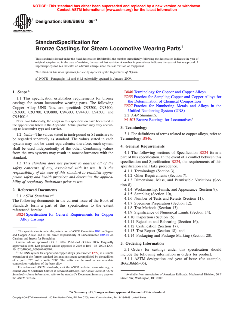 ASTM B66/B66M-06e1 - Standard Specification for Bronze Castings for Steam Locomotive Wearing Parts