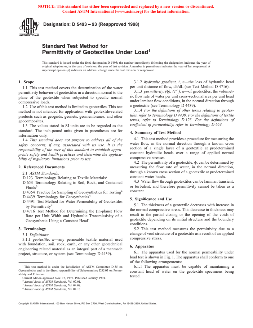 ASTM D5493-93(1998) - Standard Test Method for Permittivity of Geotextiles Under Load