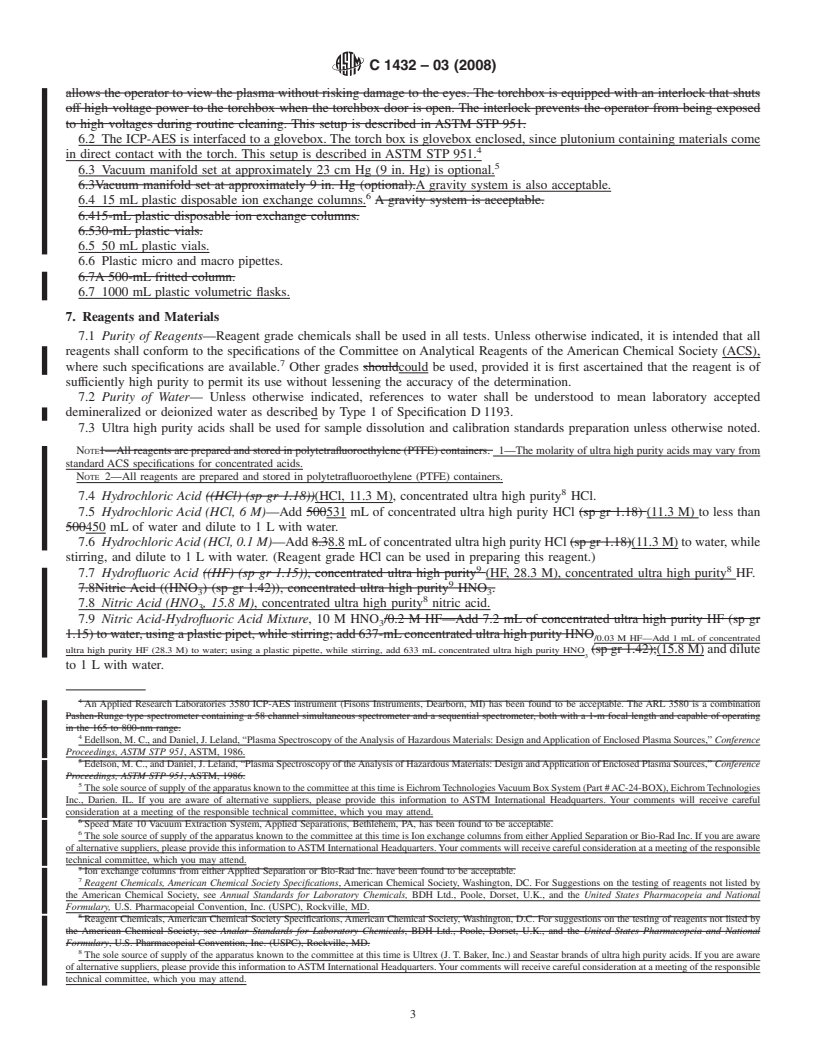 REDLINE ASTM C1432-03(2008) - Standard Test Method for Determination of Impurities in Plutonium: Acid Dissolution, Ion Exchange Matrix Separation, and Inductively Coupled Plasma-Atomic Emission Spectroscopic (ICP/AES) Analysis