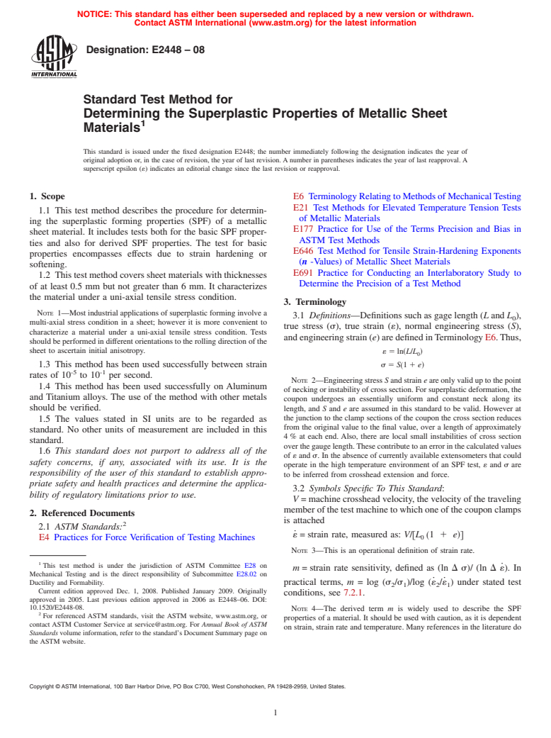 ASTM E2448-08 - Standard Test Method for Determining the Superplastic Properties of Metallic Sheet Materials