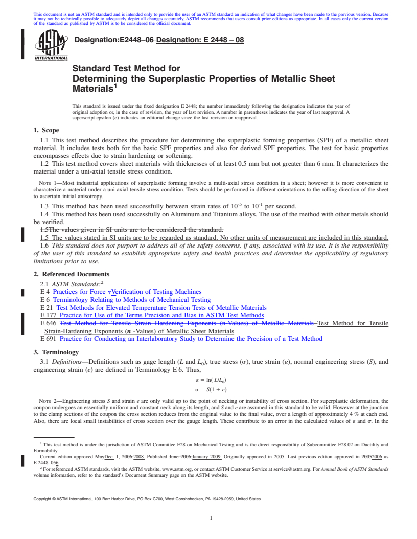 REDLINE ASTM E2448-08 - Standard Test Method for Determining the Superplastic Properties of Metallic Sheet Materials