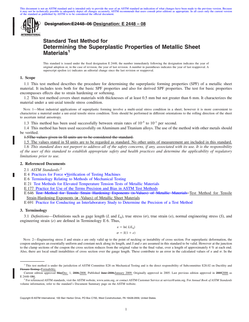 REDLINE ASTM E2448-08 - Standard Test Method for Determining the Superplastic Properties of Metallic Sheet Materials