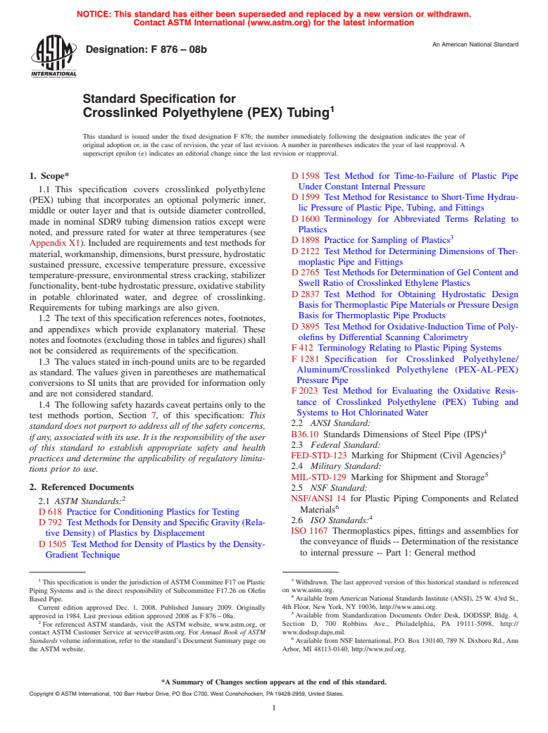 ASTM F876-08b - Standard Specification for  Crosslinked Polyethylene (PEX) Tubing