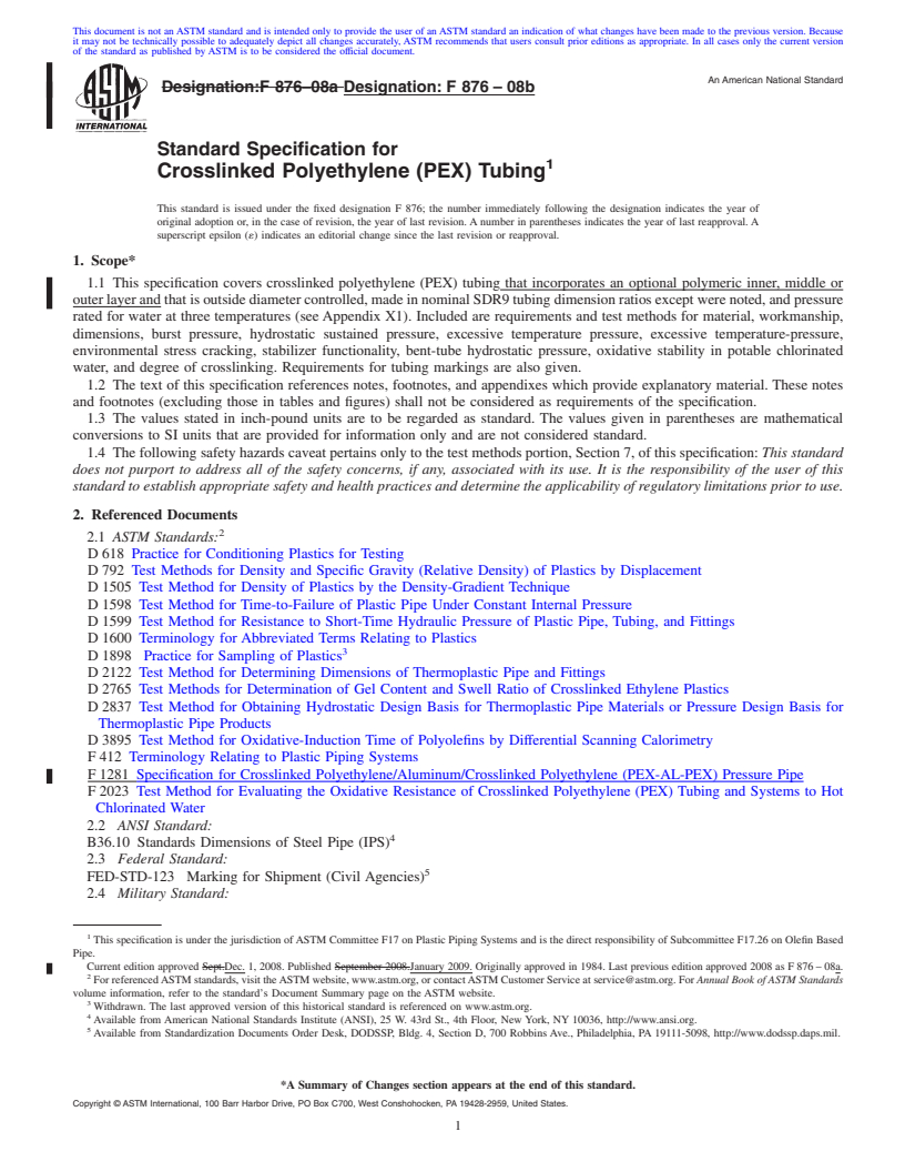 REDLINE ASTM F876-08b - Standard Specification for  Crosslinked Polyethylene (PEX) Tubing