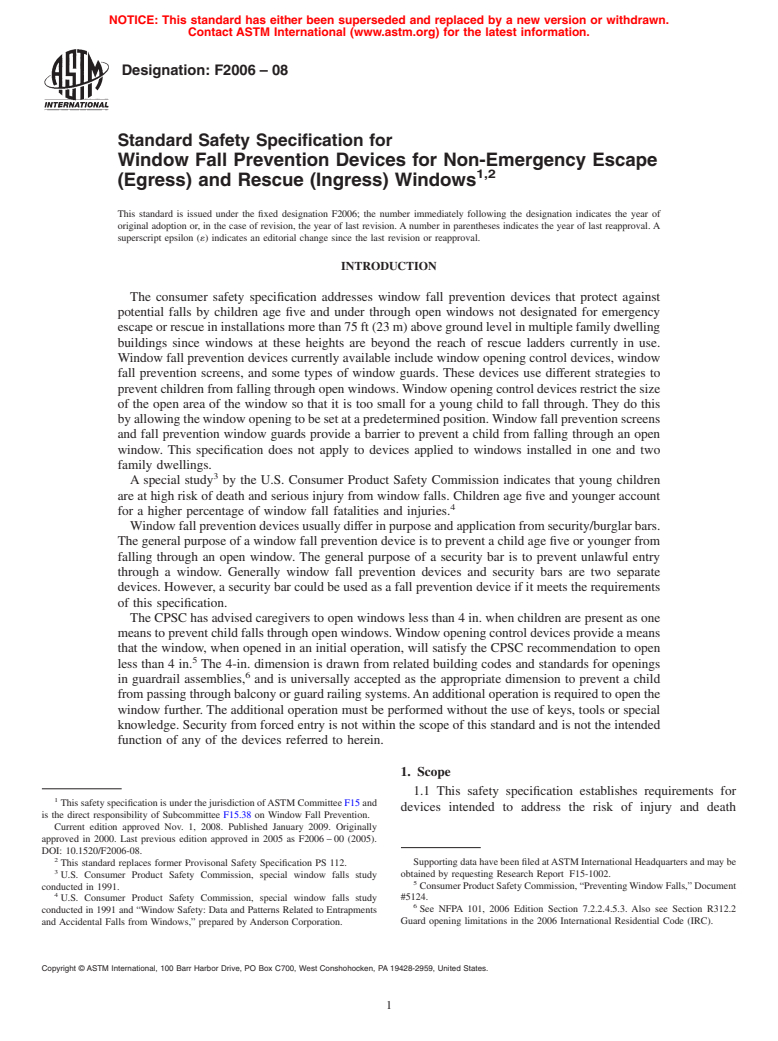 ASTM F2006-08 - Standard Safety Specification for Window Fall Prevention Devices for Non-Emergency Escape (Egress) and Rescue (Ingress) Windows