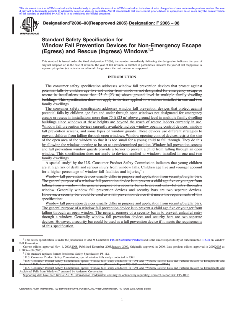 REDLINE ASTM F2006-08 - Standard Safety Specification for Window Fall Prevention Devices for Non-Emergency Escape (Egress) and Rescue (Ingress) Windows