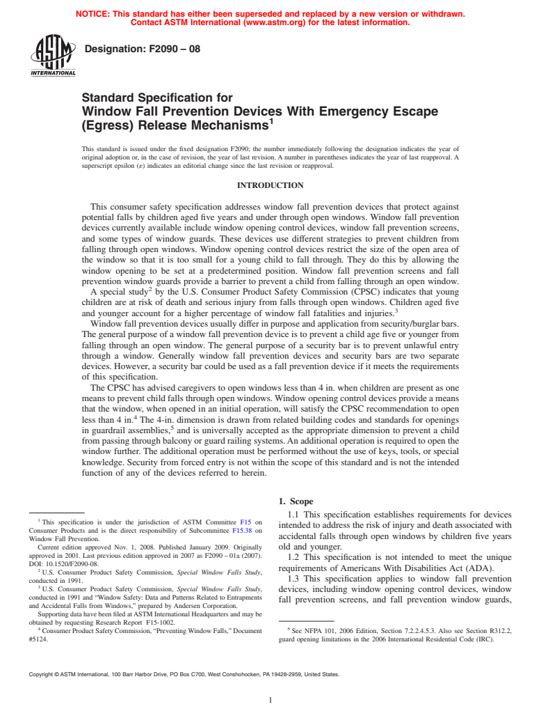 ASTM F2090-08 - Standard Specification for Window Fall Prevention Devices With Emergency Escape (Egress) Release Mechanisms