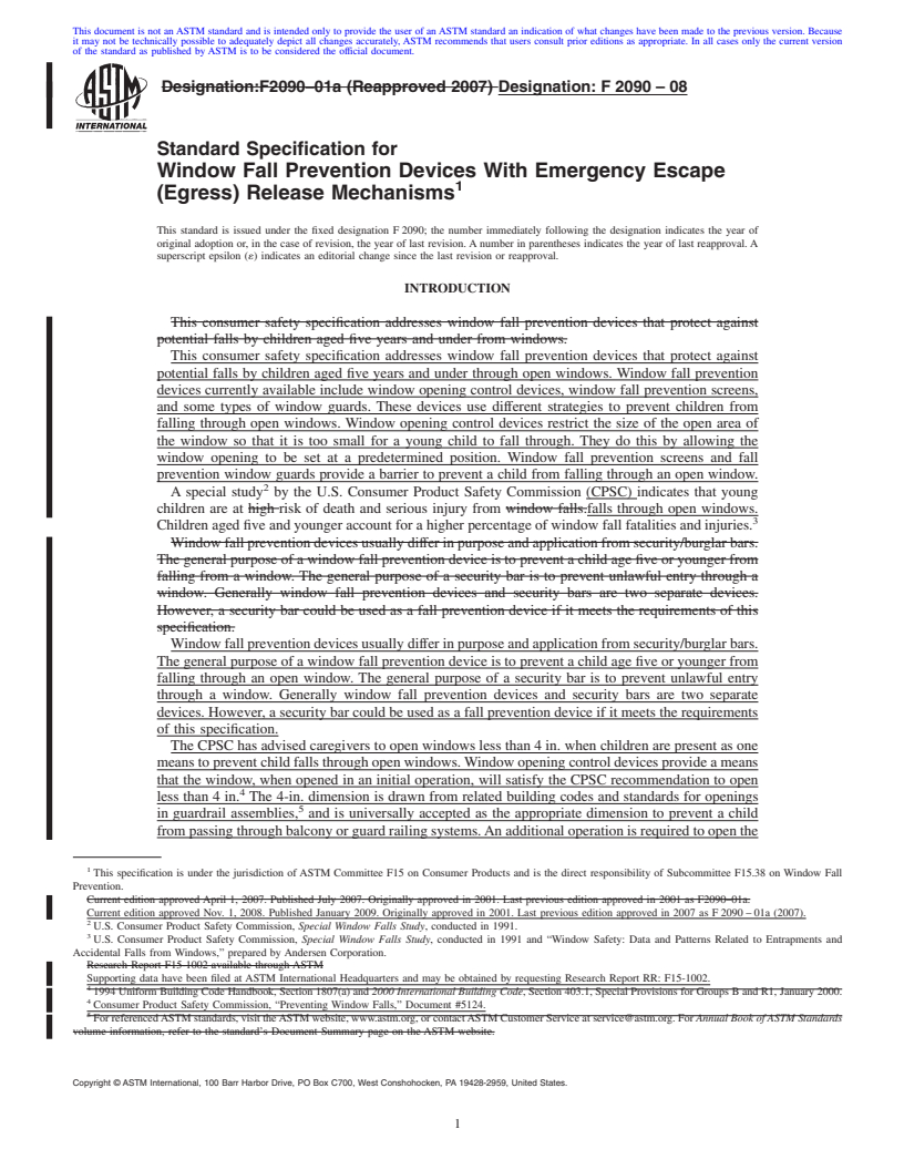 REDLINE ASTM F2090-08 - Standard Specification for Window Fall Prevention Devices With Emergency Escape (Egress) Release Mechanisms