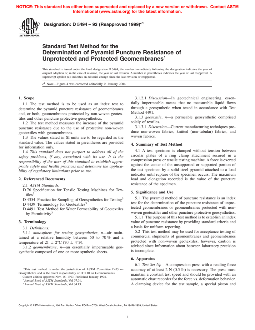 ASTM D5494-93(1999) - Standard Test Method for the Determination of Pyramid Puncture Resistance of Unprotected and Protected Geomembranes