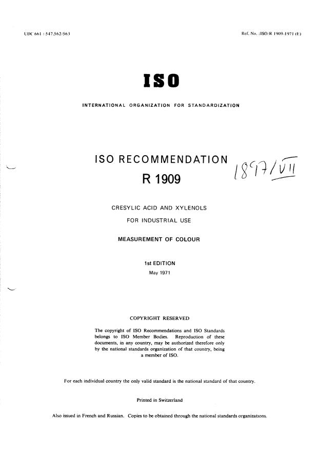 ISO/R 1909:1971 - Withdrawal of ISO/R 1909-1971