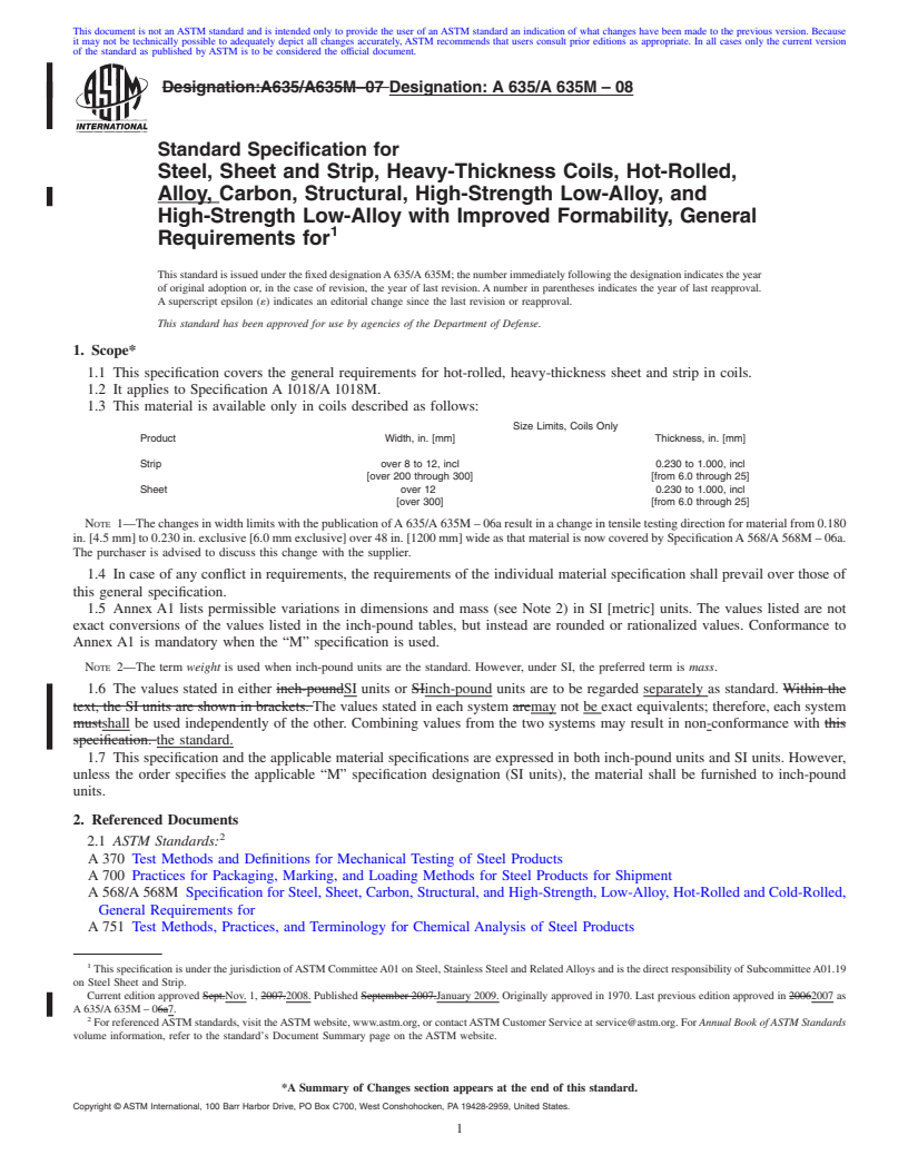 REDLINE ASTM A635/A635M-08 - Standard Specification for  Steel, Sheet and Strip, Heavy-Thickness Coils, Hot-Rolled, Alloy, Carbon, Structural, High-Strength Low-Alloy, and High-Strength Low-Alloy with Improved Formability, General Requirements for