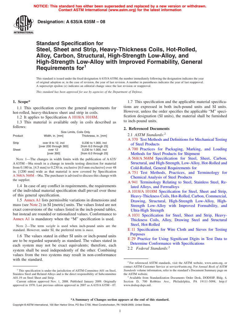 ASTM A635/A635M-08 - Standard Specification for  Steel, Sheet and Strip, Heavy-Thickness Coils, Hot-Rolled, Alloy, Carbon, Structural, High-Strength Low-Alloy, and High-Strength Low-Alloy with Improved Formability, General Requirements for