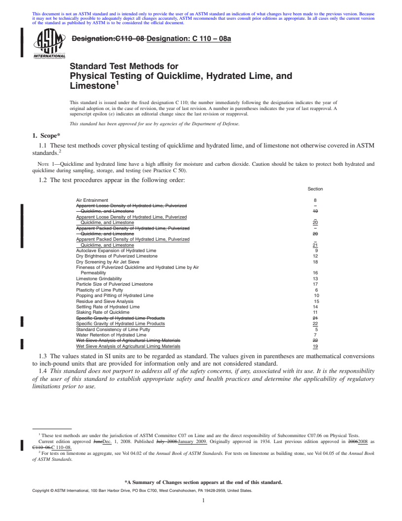 REDLINE ASTM C110-08a - Standard Test Methods for  Physical Testing of Quicklime, Hydrated Lime, and Limestone