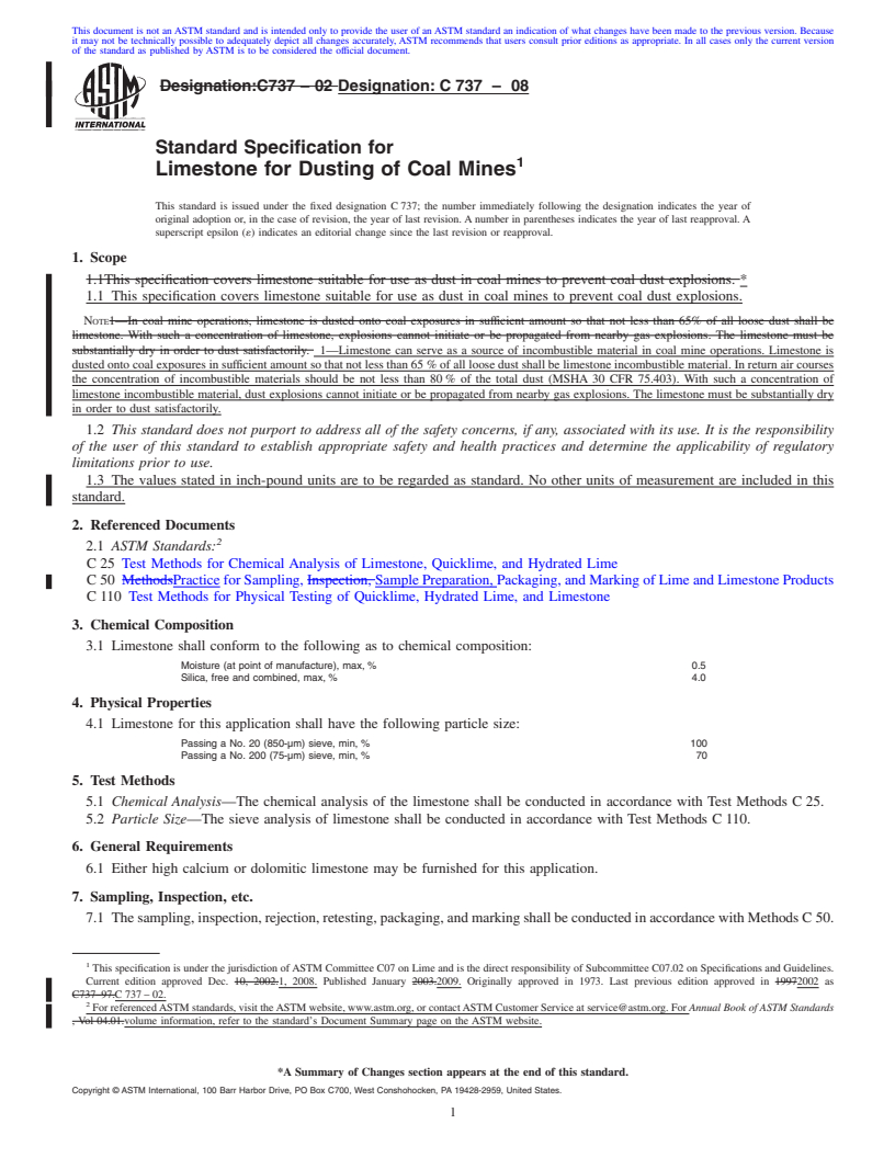 REDLINE ASTM C737-08 - Standard Specification for Limestone for Dusting of Coal Mines