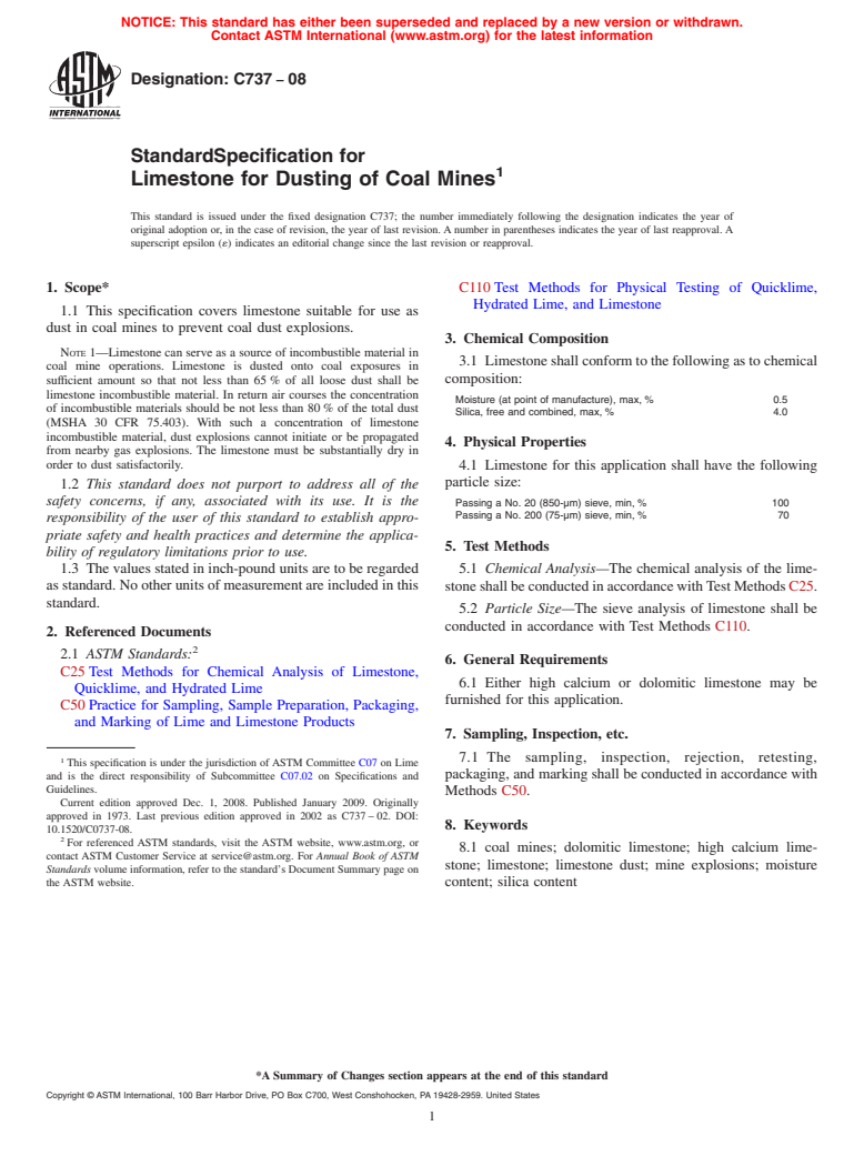 ASTM C737-08 - Standard Specification for Limestone for Dusting of Coal Mines