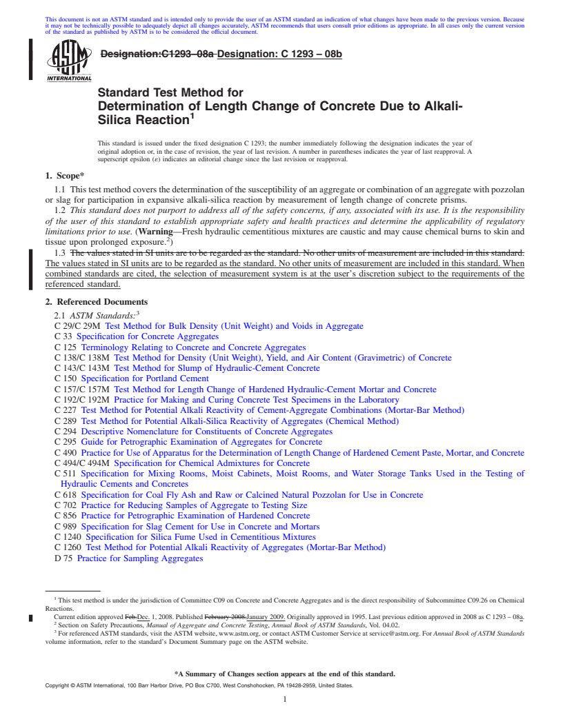 REDLINE ASTM C1293-08b - Standard Test Method for  Determination of Length Change of Concrete Due to Alkali-Silica Reaction