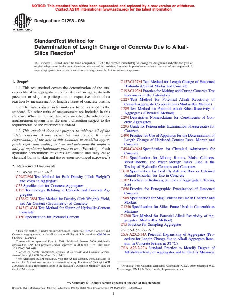 ASTM C1293-08b - Standard Test Method for  Determination of Length Change of Concrete Due to Alkali-Silica Reaction