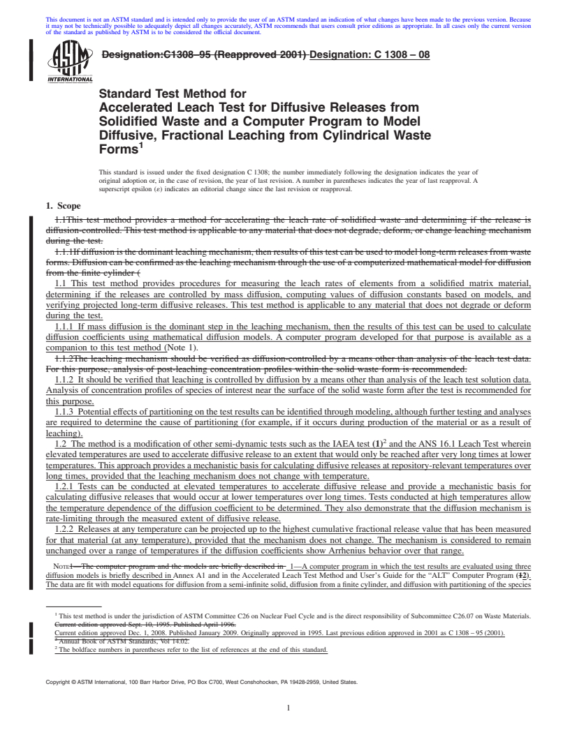 REDLINE ASTM C1308-08 - Standard Test Method for Accelerated Leach Test for Diffusive Releases from Solidified Waste and a Computer Program to Model Diffusive, Fractional Leaching from Cylindrical Waste Forms