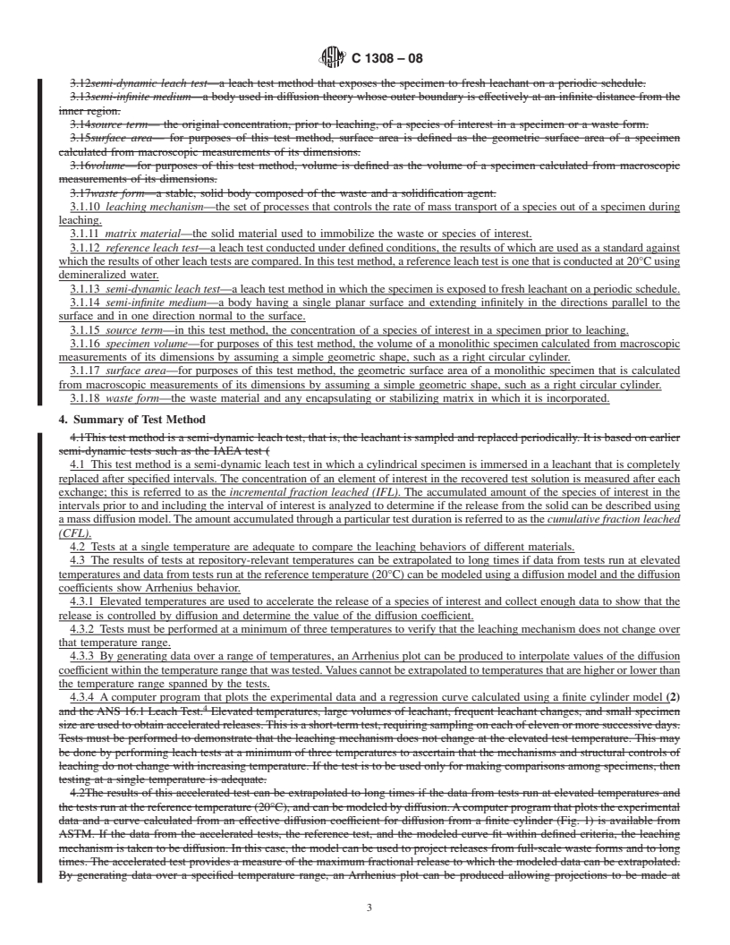 REDLINE ASTM C1308-08 - Standard Test Method for Accelerated Leach Test for Diffusive Releases from Solidified Waste and a Computer Program to Model Diffusive, Fractional Leaching from Cylindrical Waste Forms