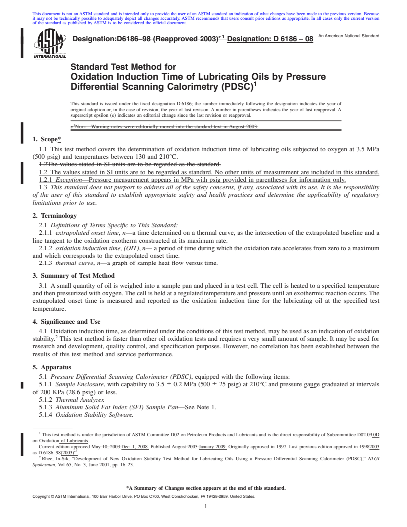 REDLINE ASTM D6186-08 - Standard Test Method for Oxidation Induction Time of Lubricating Oils by Pressure Differential Scanning Calorimetry (PDSC)