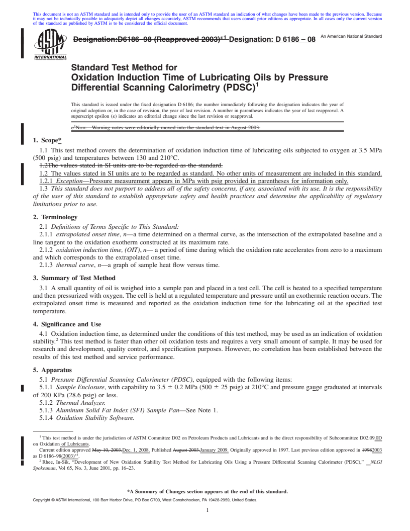 REDLINE ASTM D6186-08 - Standard Test Method for Oxidation Induction Time of Lubricating Oils by Pressure Differential Scanning Calorimetry (PDSC)