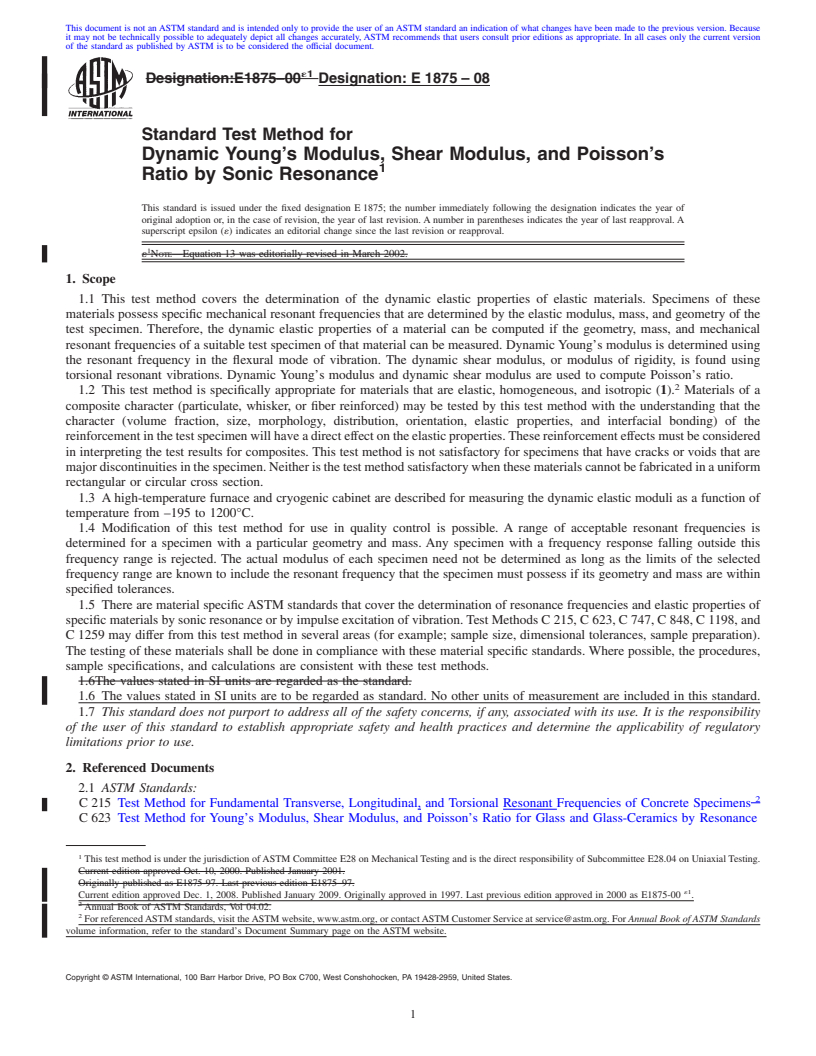 REDLINE ASTM E1875-08 - Standard Test Method for Dynamic Young's Modulus, Shear Modulus, and Poisson's Ratio by Sonic Resonance