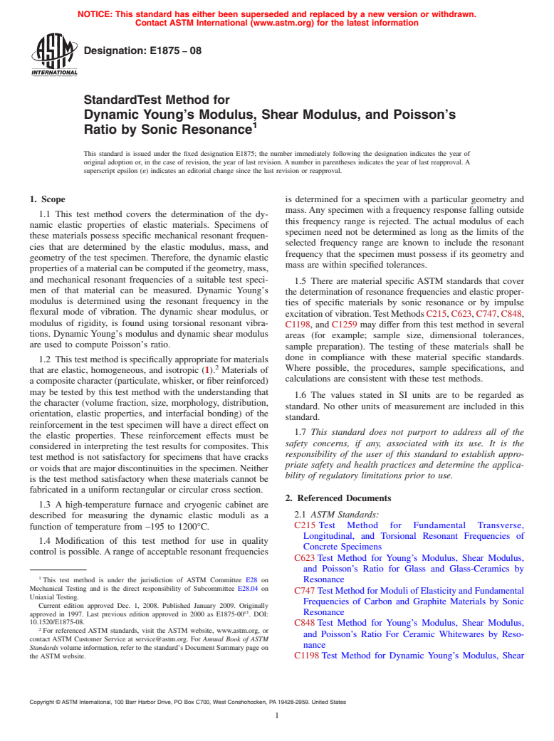 ASTM E1875-08 - Standard Test Method for Dynamic Young's Modulus, Shear Modulus, and Poisson's Ratio by Sonic Resonance