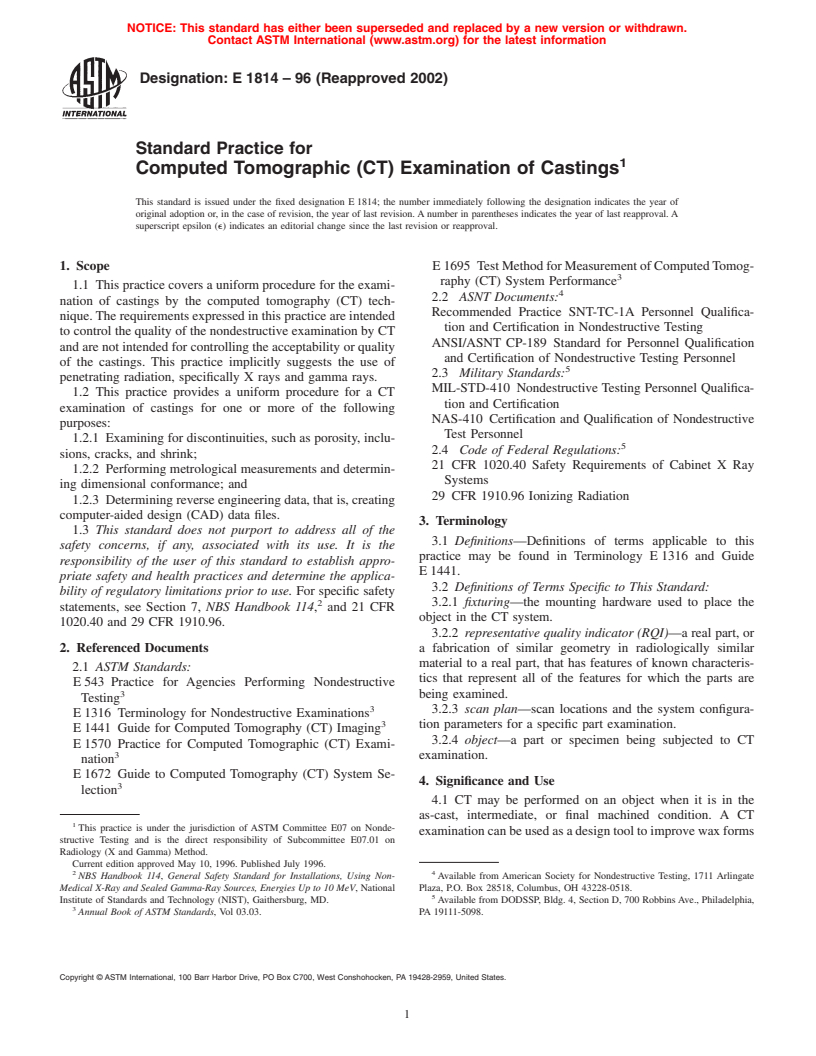 ASTM E1814-96(2002) - Standard Practice for Computed Tomographic (CT) Examination of Castings