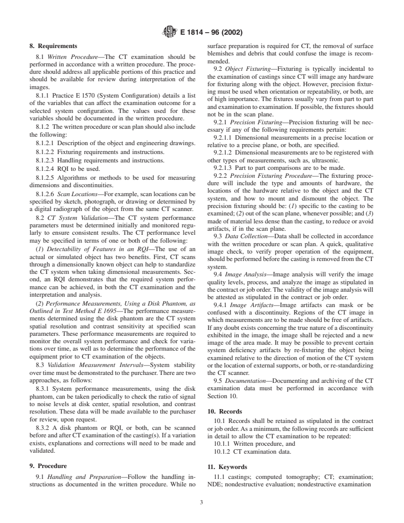 ASTM E1814-96(2002) - Standard Practice for Computed Tomographic (CT) Examination of Castings