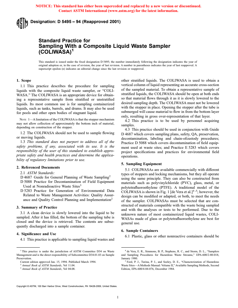 ASTM D5495-94(2001) - Standard Practice for Sampling With a Composite Liquid Waste Sampler (COLIWASA)